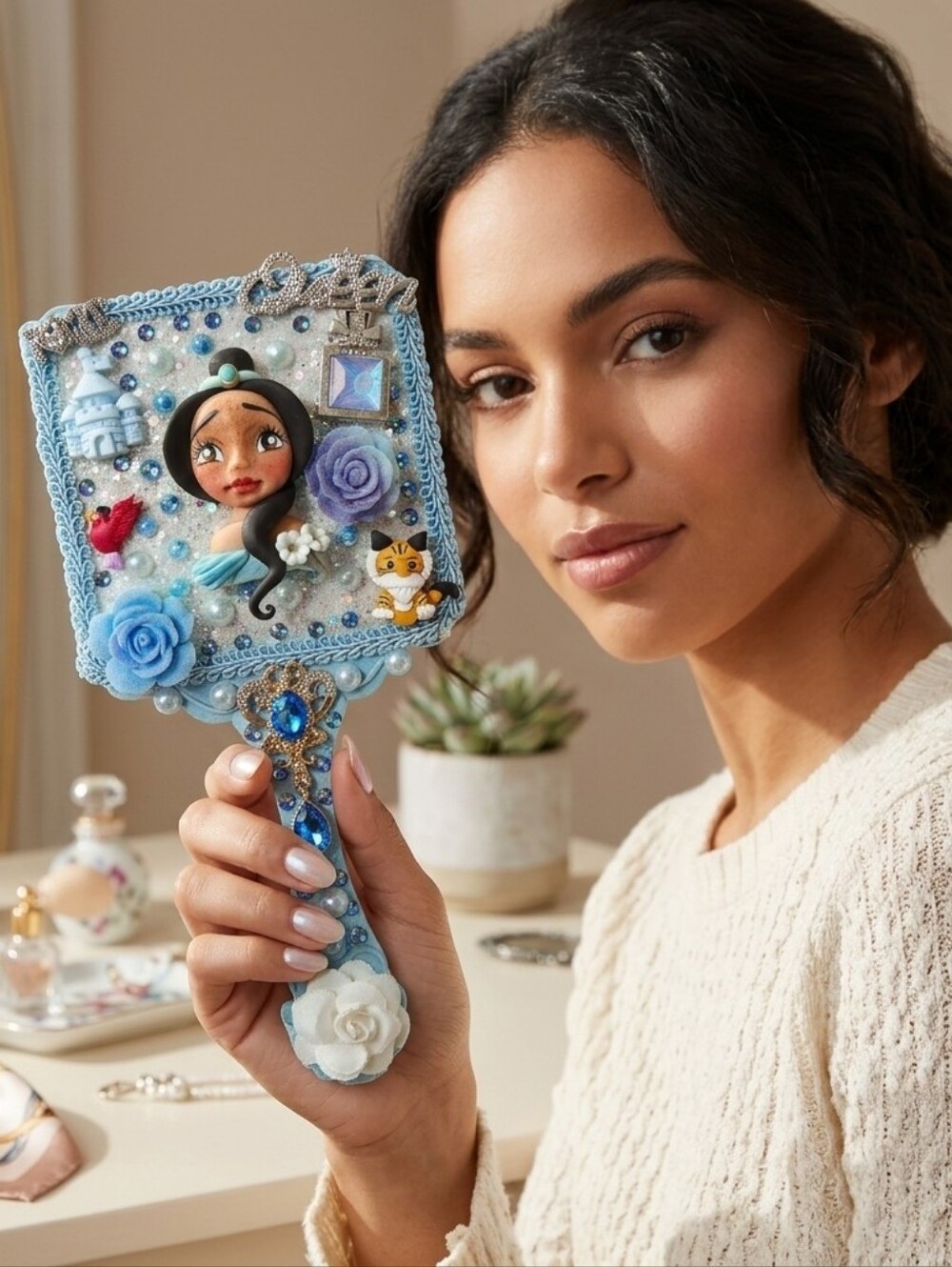 Princess Jasmin Handheld Beauty Makeup Mirror Clay Doll Embellished Fashion Blue